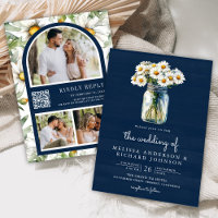 Navy Blue Wood Daisies Mason Jar QR Code Wedding