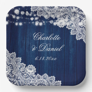 Navy Blue Wood Floral Lace String Lights Wedding Paper Plate