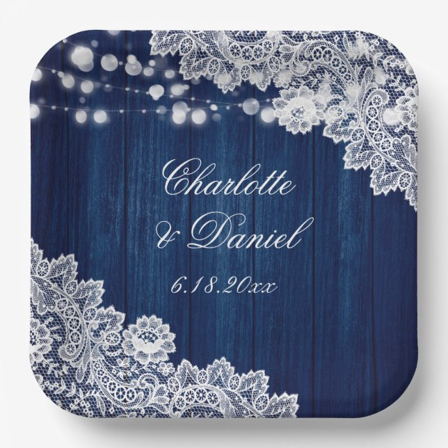 Navy Blue Wood Floral Lace String Lights Wedding Paper Plate (Front)