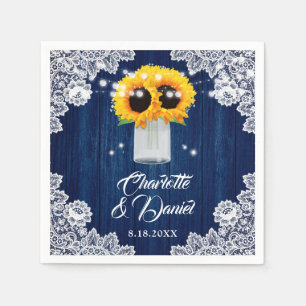 Navy Blue Wood Floral Lace Sunflower Wedding Napkin
