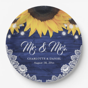 Navy Blue Wood Floral Lace Sunflower Wedding Paper Plate