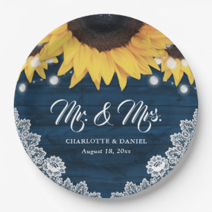 Navy Blue Wood Floral Lace Sunflower Wedding Paper Plate