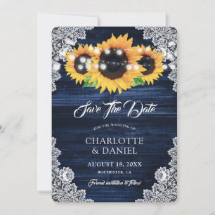Navy Blue Wood Floral Lace Sunflower Wedding  Save The Date