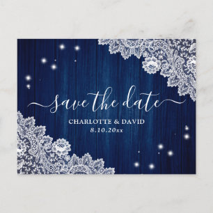 Navy Blue Wood Floral Lace Wedding Save The Date Announcement Postcard
