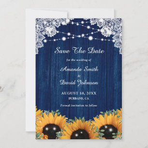 Navy Blue Wood Greenery Sunflower Wedding Save The Date