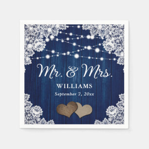 Navy Blue Wood Lace Hearts String Lights Wedding Napkin