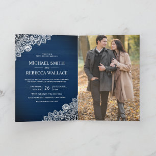 Navy Blue Wood Lace Photo QR Code Wedding Invitation