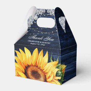 Navy Blue Wood Lace String Lights Sunflower Favour Box