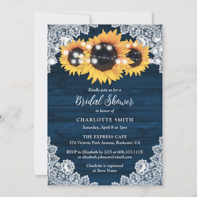 Navy Blue Wood Lace Sunflower Bridal Shower Invitation (Front)