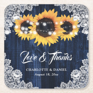 Navy Blue Wood Lace Sunflower Wedding Thank You Square Paper Coaster