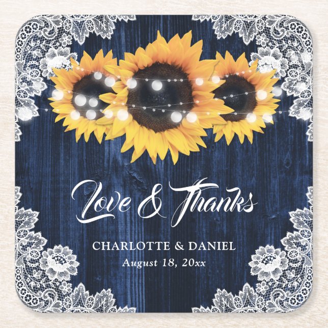 Navy Blue Wood Lace Sunflower Wedding Thank You Square Paper Coaster (Front)