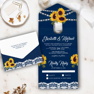 Navy Blue Wood Lace Sunflowers Mason Jar Wedding All In One Invitation