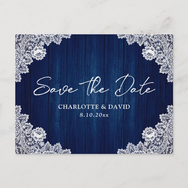 Navy Blue Wood Lace Wedding Save The Date Postcard (Front)