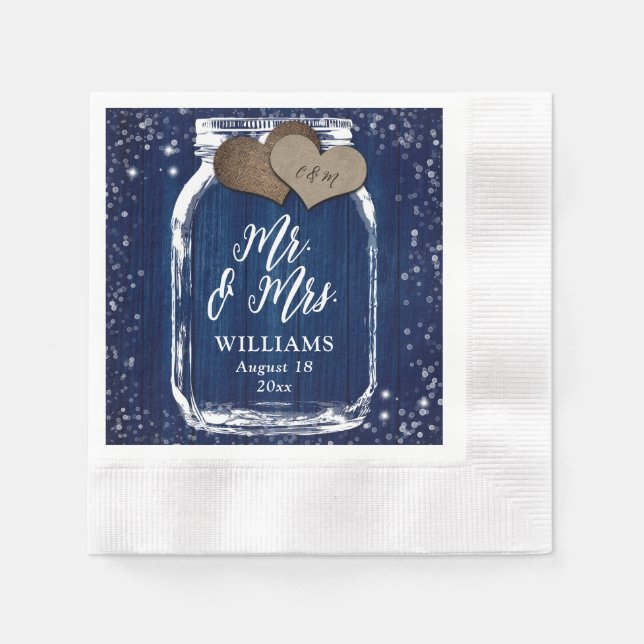 Navy Blue Wood Mason Jar Mr. & Mrs. Wedding Napkin (Front)
