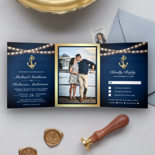 Navy Blue Wood Nautical Gold Anchor Lights Wedding Tri-Fold Invitation