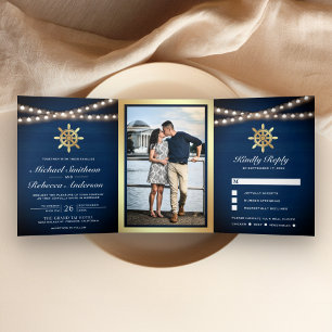 Navy Blue Wood Nautical Gold Ship's Wheel Wedding Tri-Fold Invitation