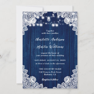 Navy Blue Wood String Lights Floral Lace Wedding Invitation