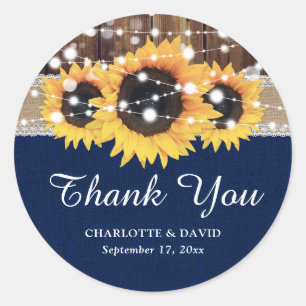 Navy Blue Wood String Lights Sunflower Wedding Classic Round Sticker