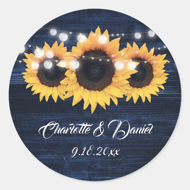Navy Blue Wood String Lights Sunflower Wedding Classic Round Sticker (Front)