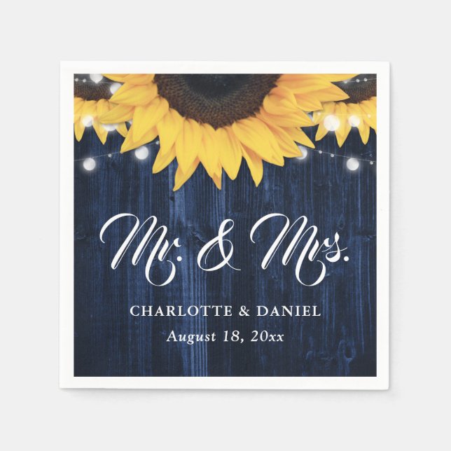Navy Blue Wood String Lights Sunflower Wedding Napkin (Front)