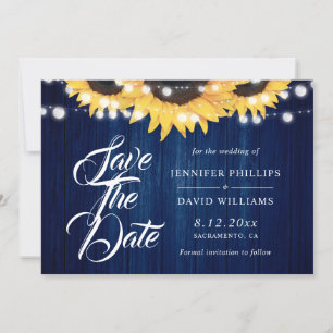 Navy Blue Wood String Lights Sunflower Wedding Save The Date