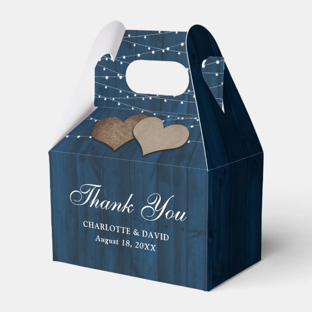 Navy Blue Wood String Lights Wedding Thank You Favour Box (Front Side)