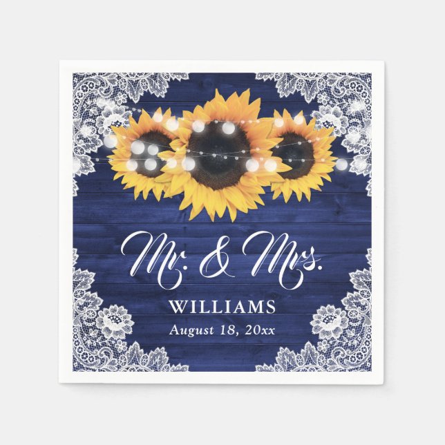 Navy Blue Wood Sunflower Floral Lace Wedding Napkin (Front)