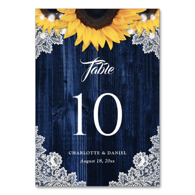 Navy Blue Wood Sunflower String Lights Floral Lace Table Number (Front)
