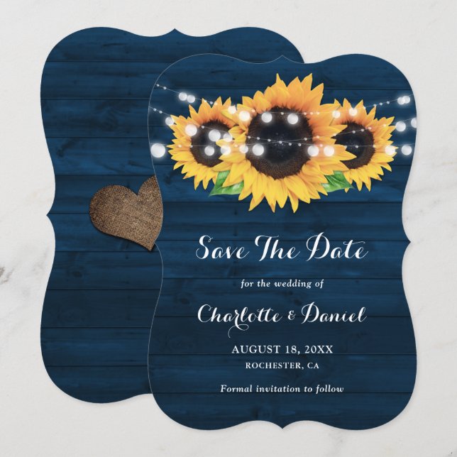 Navy Blue Wood Sunflower String Lights Wedding Save The Date (Front/Back)