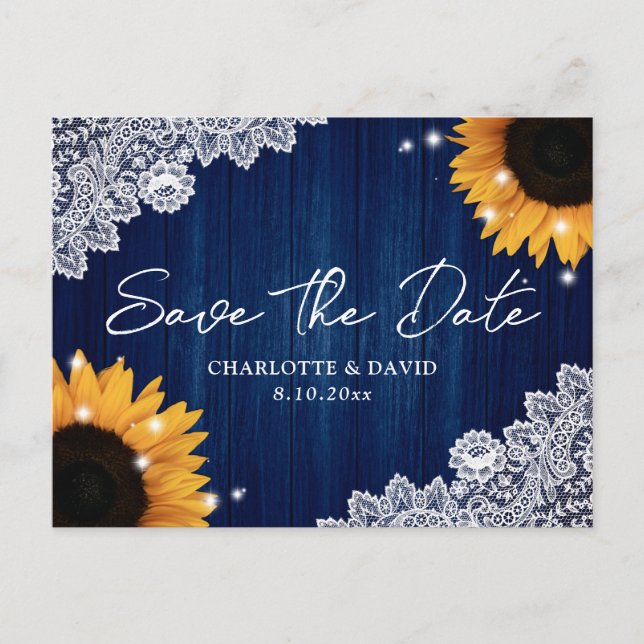 Navy Blue Wood Sunflower Wedding Save The Date Announcement Postcard (Front)