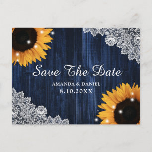 Navy Blue Wood Sunflower Wedding Save The Date Postcard