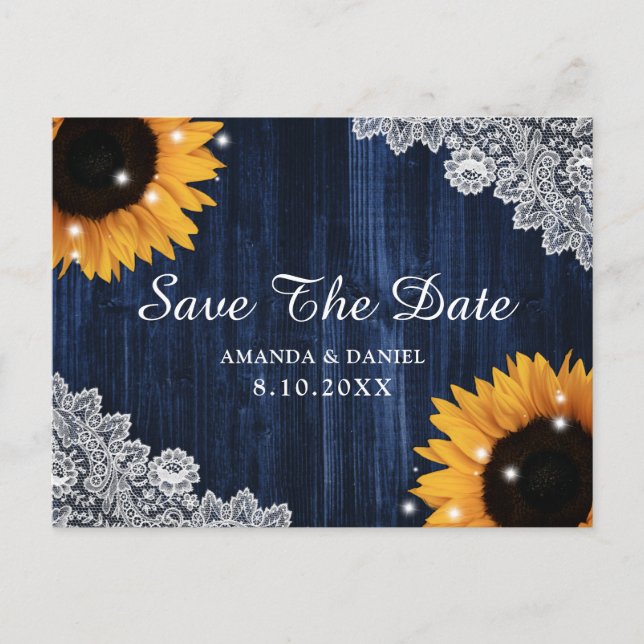 Navy Blue Wood Sunflower Wedding Save The Date Postcard (Front)