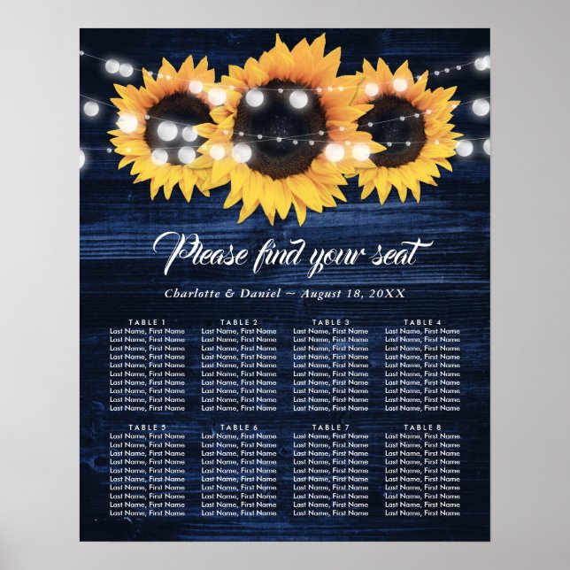 Navy Blue Wood Sunflower Wedding Seating Chart 8 (Front)