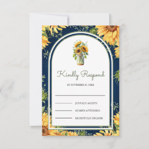 Navy Blue Wood Sunflowers Mason Jar Arch Wedding RSVP Card