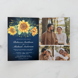 Navy Blue Wood Sunflowers Photo QR Code Wedding Invitation