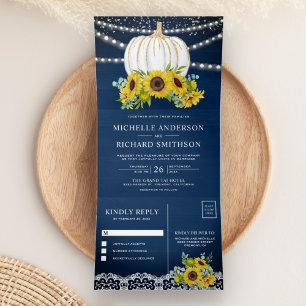 Navy Blue Wood Sunflowers White Pumpkin Wedding Tri-Fold Invitation
