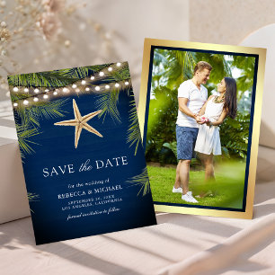Navy Blue Wood Tropical Palm Leaf Starfish Wedding Save The Date