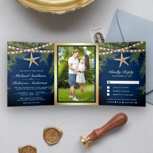 Navy Blue Wood Tropical Palm Leaf Starfish Wedding Tri-Fold Invitation