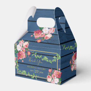 Navy Blue Wood Vintage Pink Roses & Gold Wedding  Favour Box