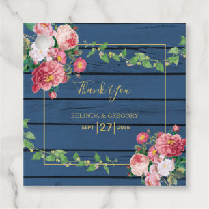 Navy Blue Wood Vintage Pink Roses & Gold Wedding Favour Tags