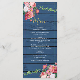 Navy Blue Wood Vintage Pink Roses & Gold Wedding  Menu