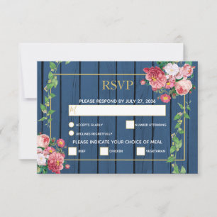 Navy Blue Wood Vintage Pink Roses & Gold Wedding RSVP Card