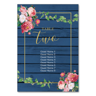 Navy Blue Wood Vintage Pink Roses & Gold Wedding Table Number