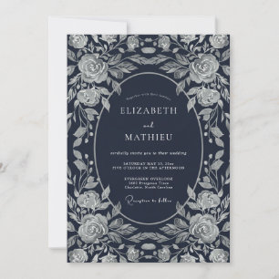 Navy Blue Woodcut Rose Wedding Invitation