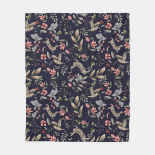 Navy Blue Woodland Animal Nature Botanical Pattern Fleece Blanket