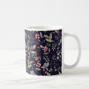 Navy Blue Woodland Animals Floral Leaves Pattern Coffee Mug