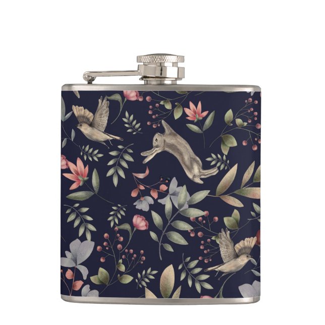Navy Blue Woodland Animals Floral Leaves Pattern Hip Flask (Front)
