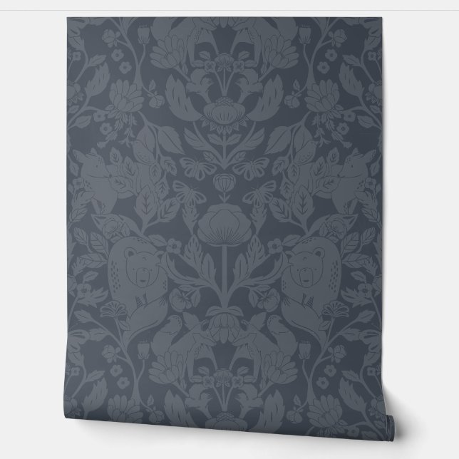 Navy Blue Woodland Block Print Damask Wallpaper (Unrolling)