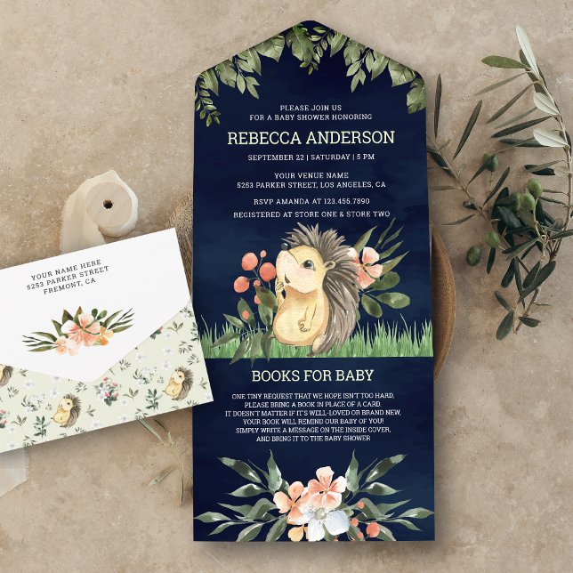Navy Blue Woodland Cute Hedgehog Baby Shower All In One Invitation (Creator Uploaded)