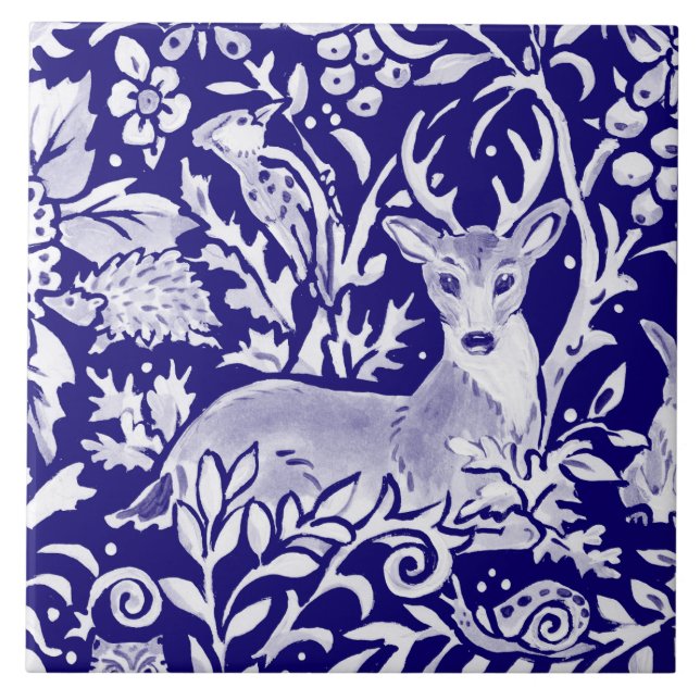 Navy Blue Woodland MURAL Animal Deer Top Left Ceramic Tile (Front)